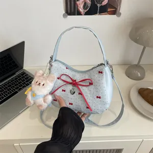 Bolso de Bandolera de Tela Con Estampado de Lazos Para Mujer Bolso de Mano Estilo Coreano Con Colgante de Corazón y Peluche