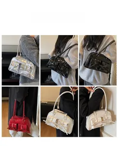 Collage of chic bow-decorated shoulder bags in silver, black, red, and cream white