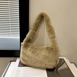 Sac Sous le Bras en Fausse Fourrure Peluche pour Femme Sac à Épaule Souple Minimaliste Couleur Unie Fermeture Éclair Automne Hiver