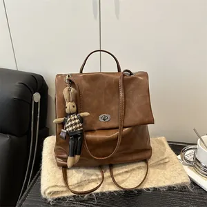 Women Vintage PU Leather Backpack Shoulder Bag Large Capacity Tote With Bunny Charm Urban Minimalist Commute Travel Handbag