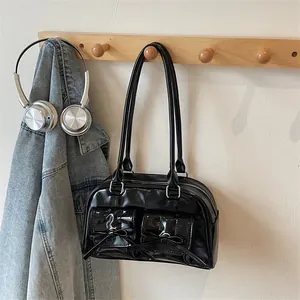 Women's Korean Style Bow Underarm Bag Glossy Patent PU Leather Shoulder Bag Double Pocket Y2K Minimalist Fashion Handbag