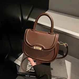 Sacoche de Selle Rétro en Cuir PU pour Femme Couleur Unie Rabat Sac Bandoulière Avec Serrure Dorée Petit Sac à Main Quotidien