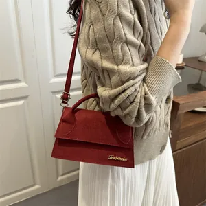Minimalist burgundy suede crossbody square bag with gold metal logo for women