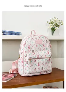 Gros plan sur l'imprimé ours mignon et la texture matelassée du sac à dos rose