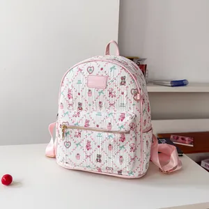 Sac à dos blanc avec imprimé ours de dessin animé, bordures roses et motifs mignons