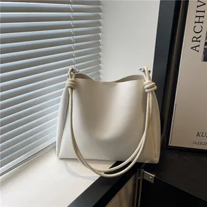 Women Large Capacity PU Leather Tote Bag Minimalist Knot Strap Shoulder Bag Retro Commuting Bucket Bag For Women