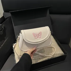 Women Butterfly Embroidery PU Leather Shoulder Bag Small Flap Crossbody Bag With Adjustable Strap For Daily Dating Use
