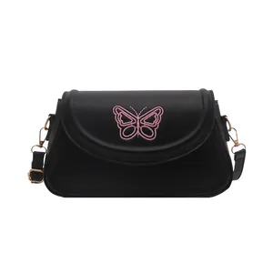 Black leather shoulder bag with pink butterfly embroidery and gold metal hardware