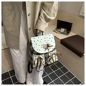 Detail of vintage mint green and plaid backpack with drawstring star-patterned pockets