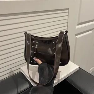 Women's Vintage Rivet Underarm Bag Glossy PU Leather Fashion Square Shoulder Bag Small Handbag For Daily Party Commute