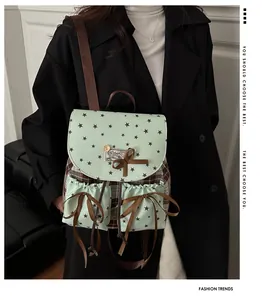 Detail of mint green flap backpack with plaid pattern and brown ribbon bows for women