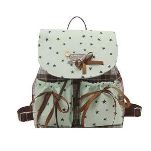 Retro plaid oxford cloth backpack with green star flap and bow ribbon decoration