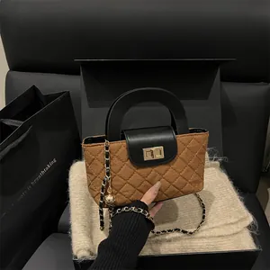 Fashion Quilted Lattice Women Crossbody Bag PU Leather Splicing Handbag With Metal Lock Elegant Shoulder Bag Small Square Bag