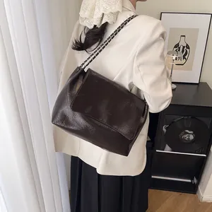 Deep brown glossy tote bag with chain strap, stylish large capacity shoulder bag for women