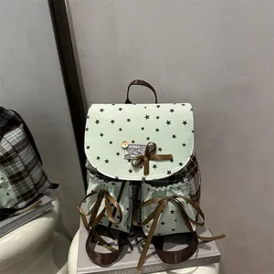 Vintage Preppy Canvas PU Plaid Backpack For Women Star Print Bow Satin Ribbon School Daypack Fashion Niche Small Backpack