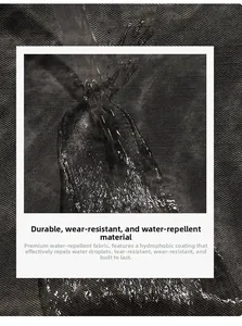 Water-repellent material detail showing water drops on durable twill fabric