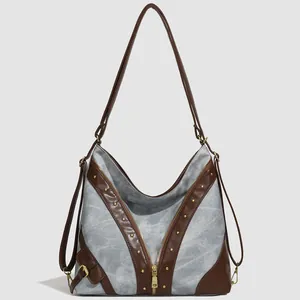 Women Vintage Canvas PU Leather Splicing Backpack Large Capacity Shoulder Tote Bag With Rivets Casual Daily Travel Daypack