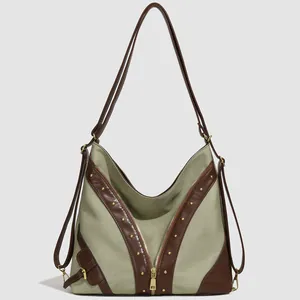 Retro canvas and leather hobo tote bag in olive green and brown with metal hardware