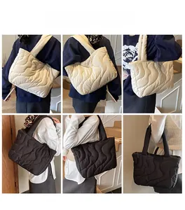 Quilted padded tote bag with wavy stitching shown in multiple angles on model
