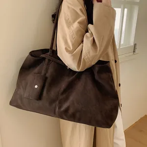Retro dark brown large tote bag with small pouch in suede texture for women