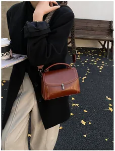 Brown leather crossbody bag with geometric woven strap and silver lock detail