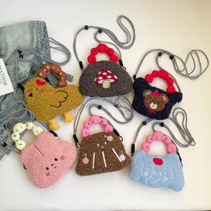 Borsa a Mano in Peluche Stile Giapponese per Donna Ricamo Cartone Animato Colore a Contrasto Piccola Borsa a Tracolla Lana di Agnello