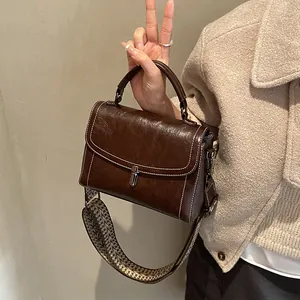 Vintage PU Leather Small Square Bag For Women Contrast Stitching Top Handle Handbag Broad Geometric Strap Shoulder Bag
