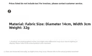 Detailed size chart showing 14cm diameter, 3cm width, and 32g weight of the fabric headband
