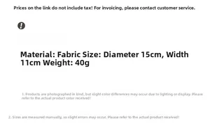 Detailed size chart showing dimensions 15x11cm and fabric material for the blue scrunchie