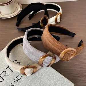 Vintage Brede Stof Haarband Met Schildpad Hars Cirkel Gesp Retro Dames Haaraccessoires Mode Hoofdband