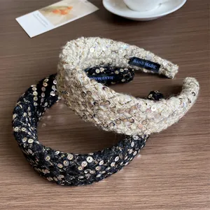 Vintage Sequin Tweed Plaid Wide Headband For Women Elegant Padded Hair Band High Top Hair Hoop Accessories