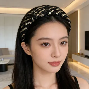 Elegant black tweed headband with sequins for a high top hairstyle and chic look