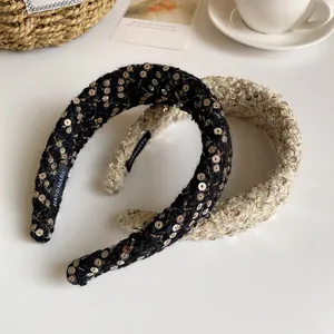 Handmade tweed plaid headband with gold sequins for women, stylish hair accessory set