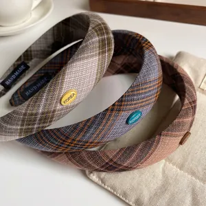Three-piece retro plaid wide headbands with Korean style handmade labels and knit texture