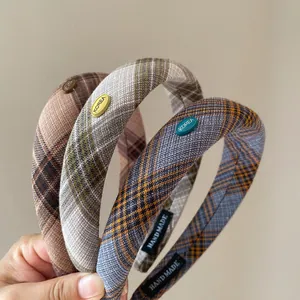 Three retro plaid tweed headbands with metal Korea buckle and handmade black labels