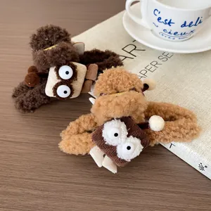 Pinces à cheveux en peluche monstre marron et kaki avec grands yeux pour l'automne hiver
