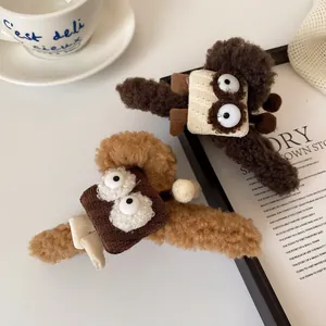 Pinces à cheveux en peluche marron et beige en polaire douce avec yeux 3D mignons