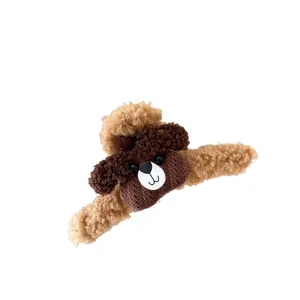 Grande pince à cheveux mignonne en peluche beige et marron motif chiot pour cheveux épais