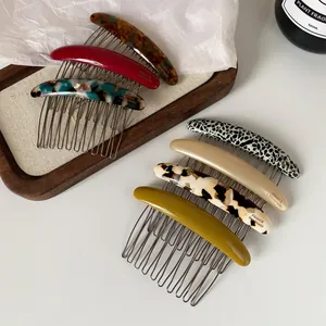 French Vintage Acetate Hair Side Combs For Women Metal Teeth Hair Comb Tortoiseshell Marble Leopard Print Handmade Hair Accessories