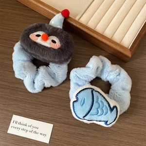 Cute Cartoon Penguin Fish Plush Scrunchie Soft Faux Fur Hair Tie Elastic Ponytail Holder For Women Girls Hair Accessories