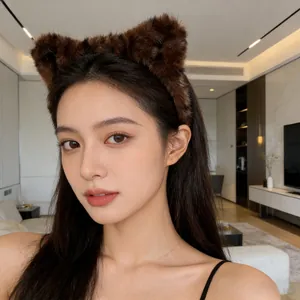 Serre-tête oreilles de chat en peluche marron, accessoire élégant en fausse fourrure