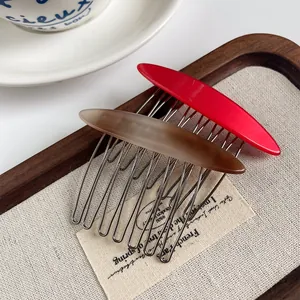 Minimalist acetate hair side comb set with metallic teeth in red and taupe colors