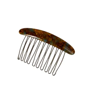 Handmade 10-tooth hair comb with amber tortoise pattern and wavy metal teeth