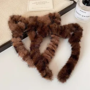 Lot de serre-têtes en peluche marron à motif léopard et oreilles de chat pour l'hiver