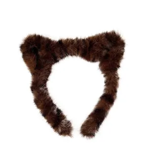 Serre-tête oreilles de chat en peluche marron avec fausse fourrure pour cheveux de femme
