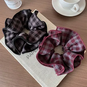 Vintage Checkered Fabric Double Layer Large Scrunchies For Women Girls Korean Style Plaid Hair Ties Ponytail Holder