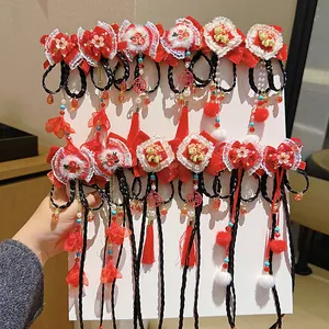 Chinese Style Kids Hair Clips Red Bow Faux Braid Tassels Lunar New Year Hanfu Accessories For Girls Headwear