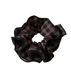 Classic dark brown checkered scrunchie with double-layer fabric and black hemmed edge