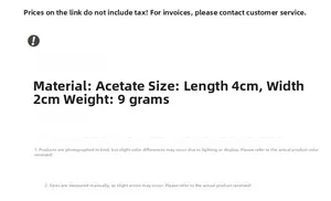 Detailed product size chart for acetate bow clip showing 4x2cm dimensions and 9g weight