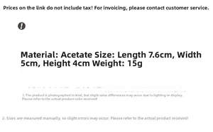 Detailed size specifications for acetate hair claw showing 7.6cm length and 15g weight